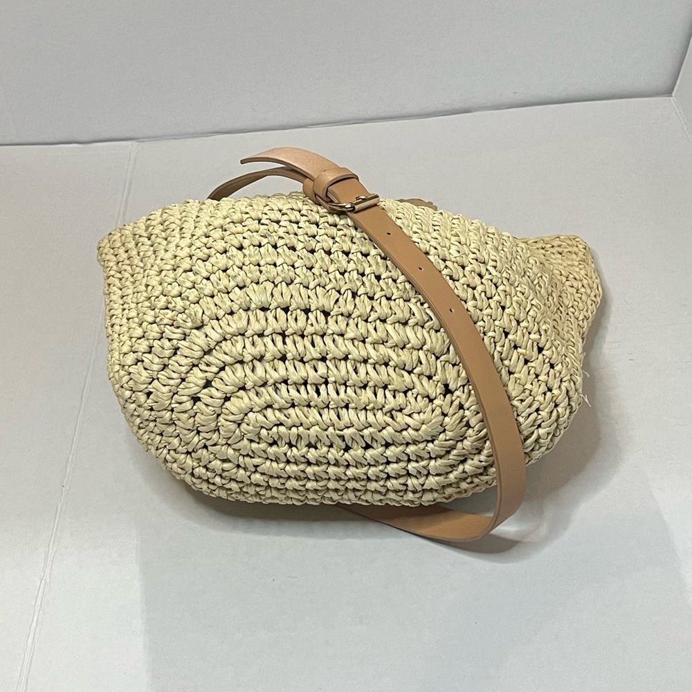 Zara Beige Woven Straw Crossbody Bag with Tan Leather Strap - Picture 3 of 11